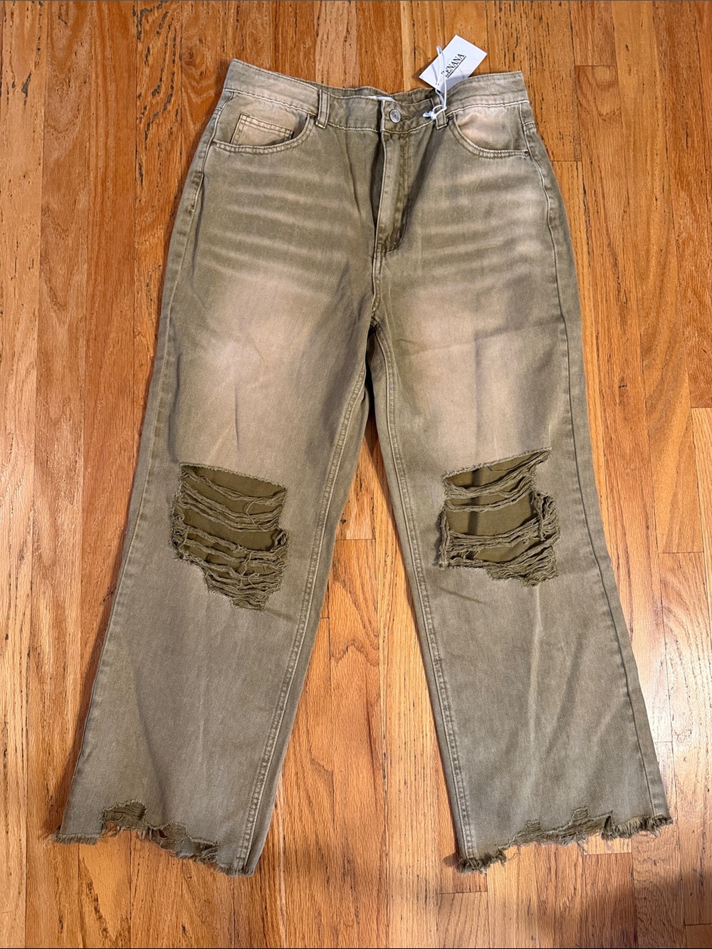 High-Waisted Distressed Crop Jeans - Olive Brown - Picture 2 of 5